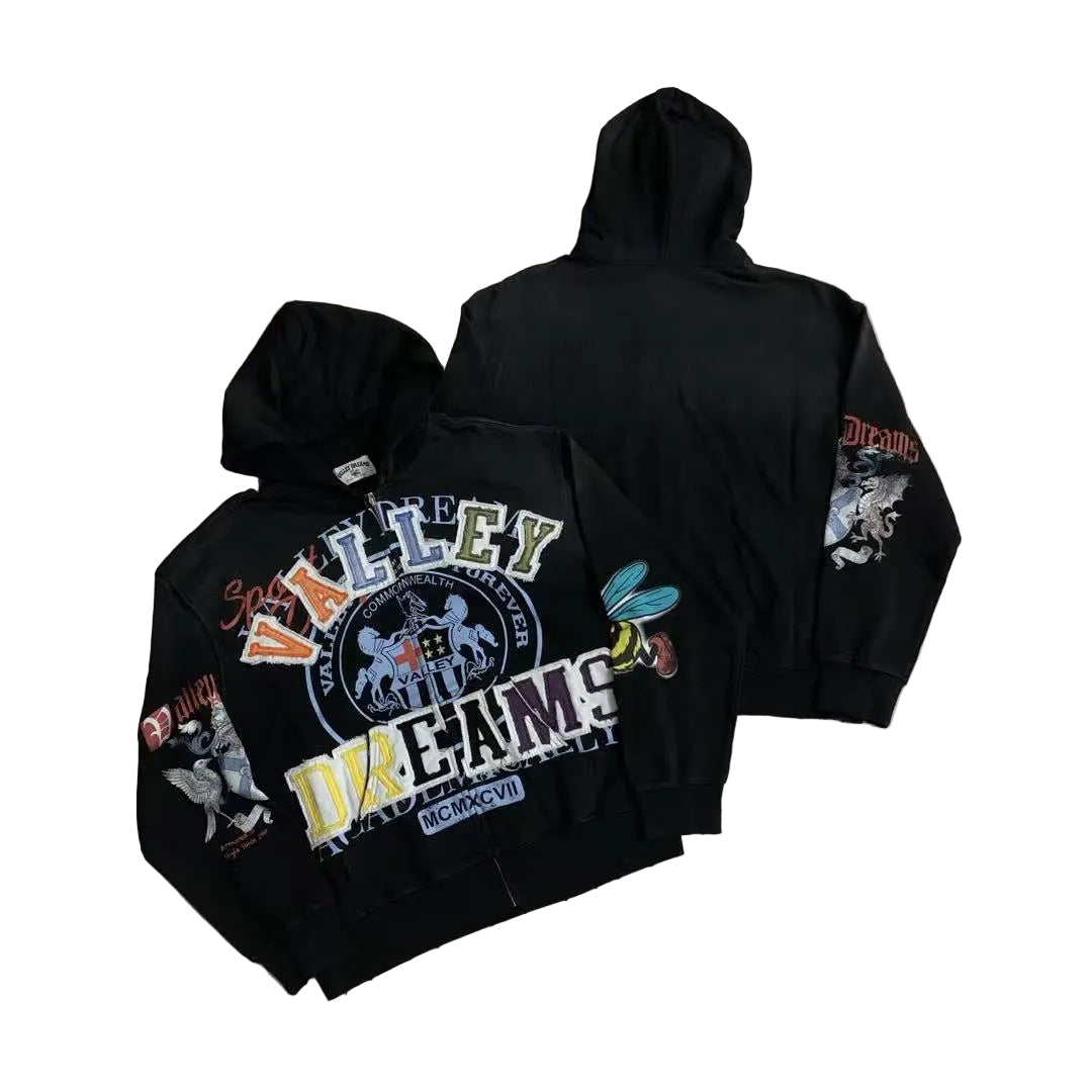 Vale Forever Valley Dreams Crest & Bee Graphic Vintage Wash Full-Zip Hoodie