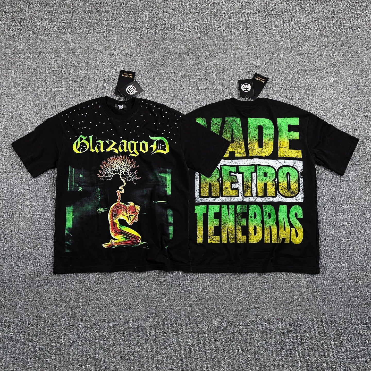GLAZA GOD Men's Gothic Graphic Oversized T-Shirt – Green Print Streetwear Double-Sided Casual Tee