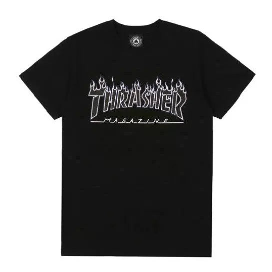 Thrasher Silver‑White Flame Outline Logo Black Minimalist Unisex T‑Shirt