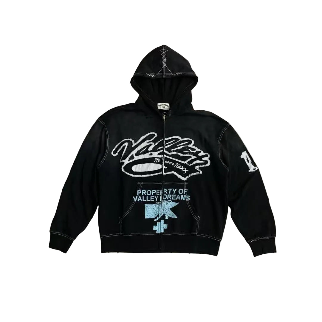 Vale Forever Valley Property Crest Contrast Stitch Vintage Wash Full-Zip Hoodie black