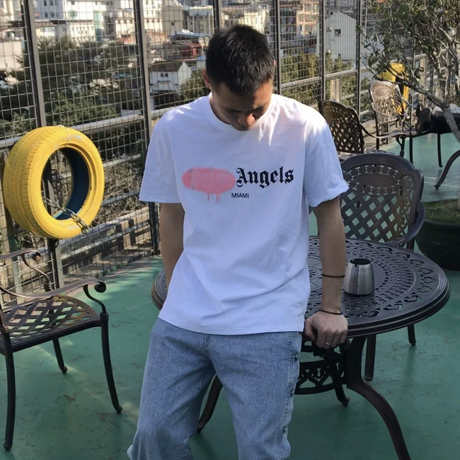 Palm Angels Light Blue Pink Drip Logo Tee Hover Image