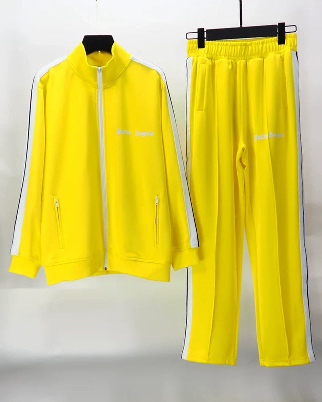 Palm Angels Bright Yellow Side Stripe Track Suit 2 Piece Zip Jacket + Sweatpants Unisex Hip Hop Outfit Hover Image
