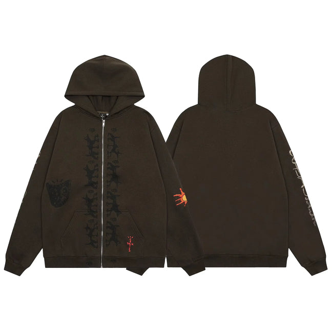 Streetwear Vintage Tapestry Zip-Up Hoodie - Dark Brown Hover Image