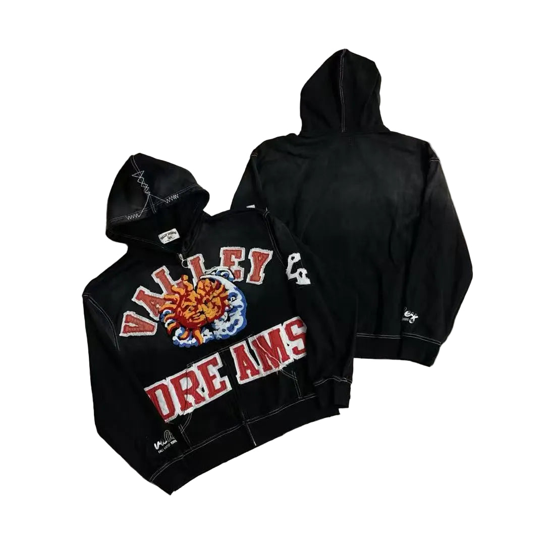 Vale Forever Valley Dreams Sun & Wave Graphic Vintage Wash Full-Zip Hoodie black