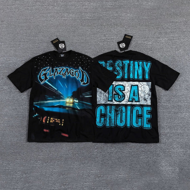 GLAZA GOD Men's Y2K Graphic Oversized T-Shirt – Blue Print Streetwear Double-Sided Casual Tee Hover Image