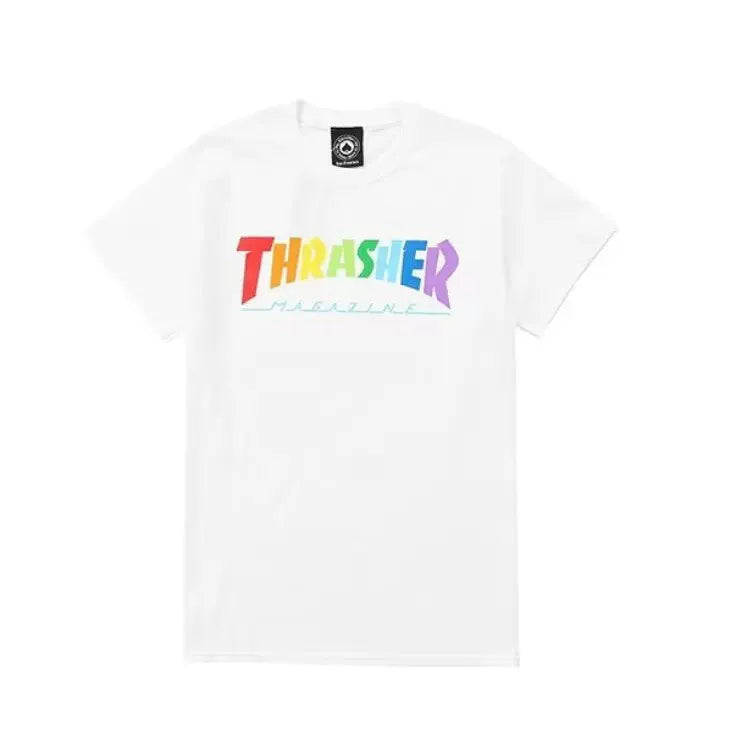 Thrasher Rainbow Gradient Flame Logo White Summer Casual Graphic Tee