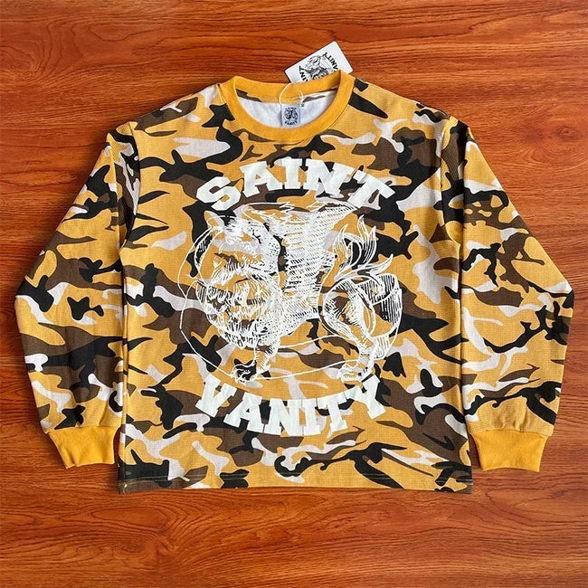 SAINT VANITY Vintage Camouflage Print Casual Long-Sleeved T-shirt Hover Image