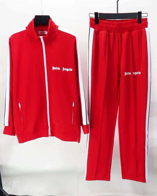 Palm Angels Bright Red Track Suit 2 Piece Set Zip Jacket + Sweatpants Unisex Hip Hop Streetwear Hover Image