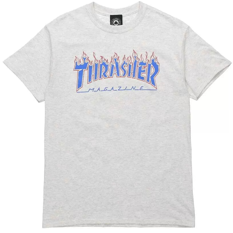 Thrasher Blue Fire Letter Print Light Grey Heather T‑Shirt Unisex Skate Top