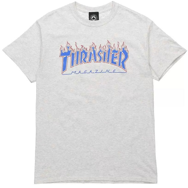 Thrasher Blue Fire Letter Print Light Grey Heather T‑Shirt Unisex Skate Top Hover Image