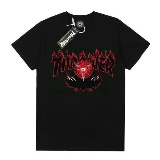 Thrasher Red‑Black Eye Flame Graphic Black Unisex Street‑wear Short‑Sleeve T‑Shirt