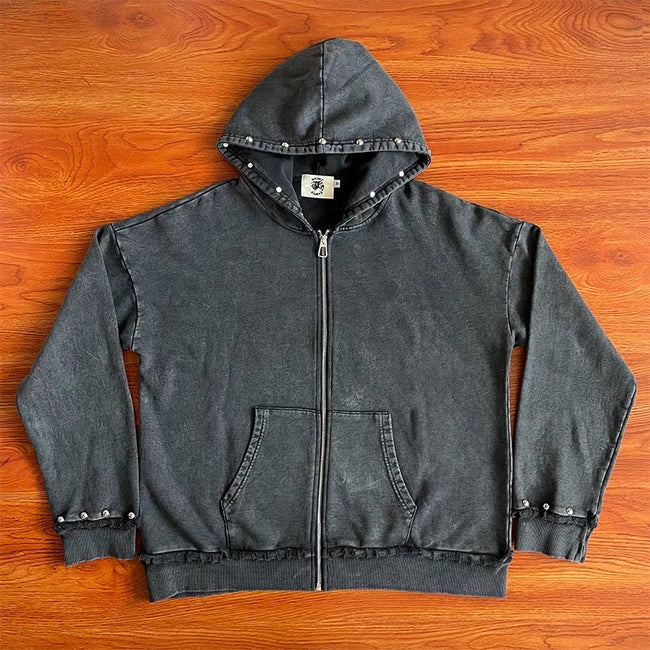 SAINT VANITY ins same style washed water distressed rivet hooded sweatshirt Main Image