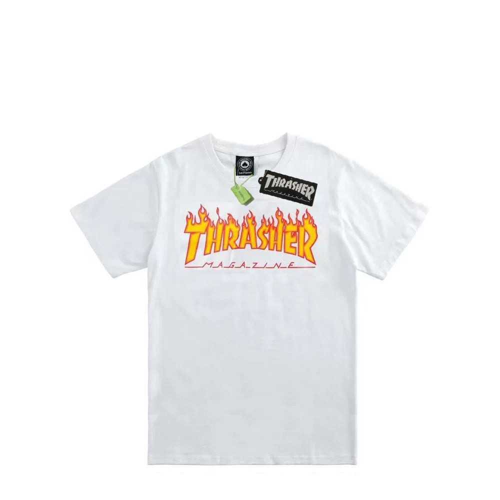 Thrasher Classic Yellow-Orange Flame Logo White Short-Sleeve Skate T-Shirt with Hang Tag