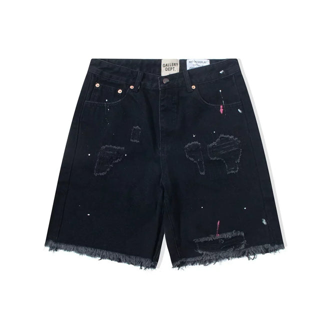 Gallery Dept. Distressed Paint Splatter Black Denim Shorts Hover Image