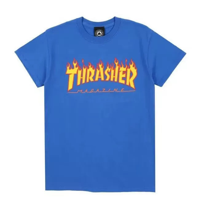 Thrasher Classic Yellow Flame Logo Vibrant Royal Blue Short-Sleeve Streetwear T-Shirt