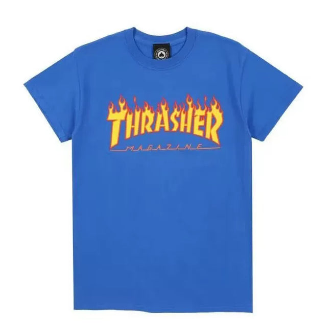 Thrasher Classic Yellow Flame Logo Vibrant Royal Blue Short-Sleeve Streetwear T-Shirt Hover Image