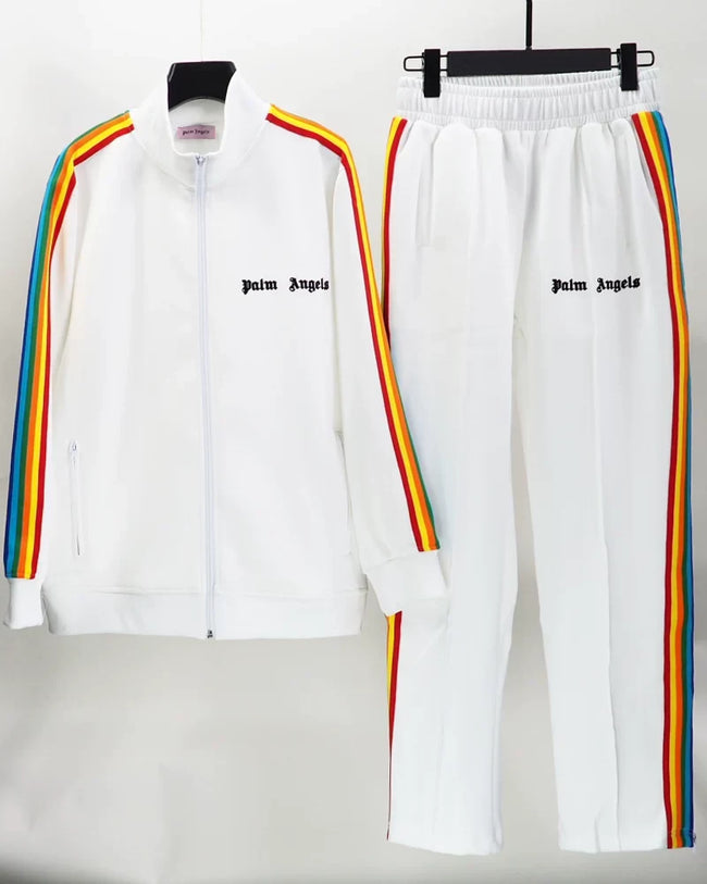 Palm Angels White Rainbow Stripe Track Suit 2Pcs Zip Up Jacket + Straight Sweatpants Unisex Outfit Hover Image