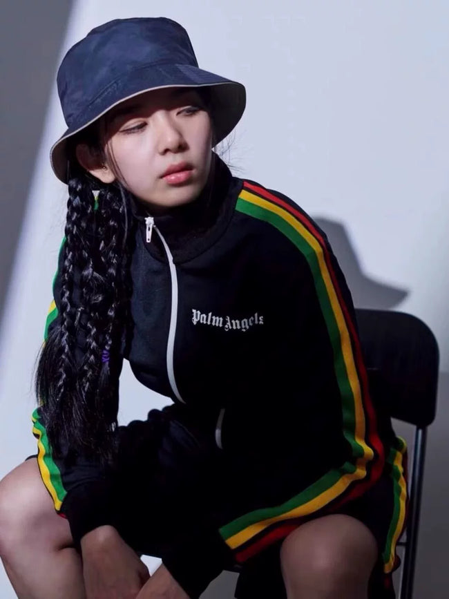 Palm Angels Rainbow Stripe Zip Up Track Jacket - Black (Model Shot) Hover Image