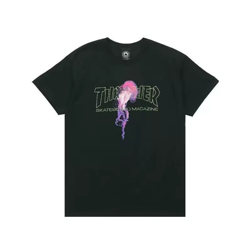 Thrasher Pink‑Purple Flame Girl Graphic Black Unisex Street‑wear Short‑Sleeve T‑Shirt
