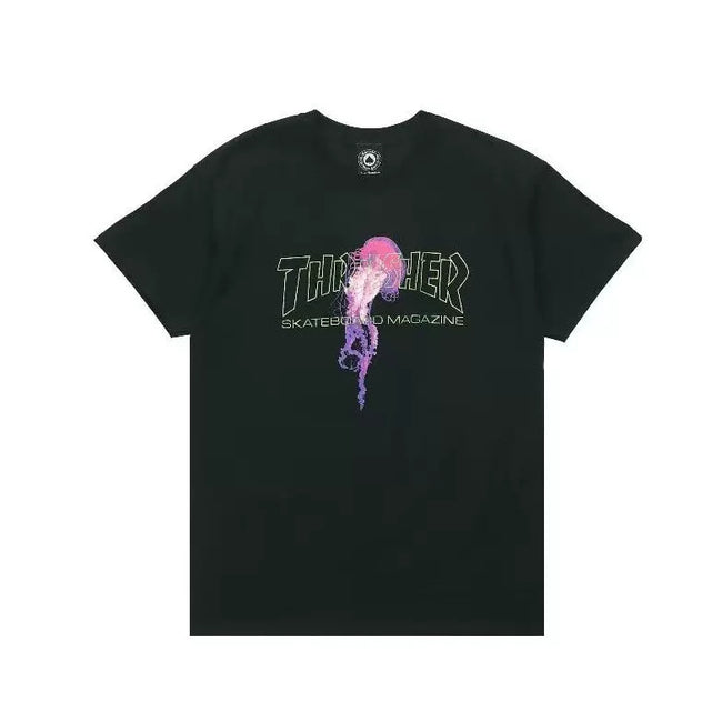 Thrasher Pink‑Purple Flame Girl Graphic Black Unisex Street‑wear Short‑Sleeve T‑Shirt Hover Image