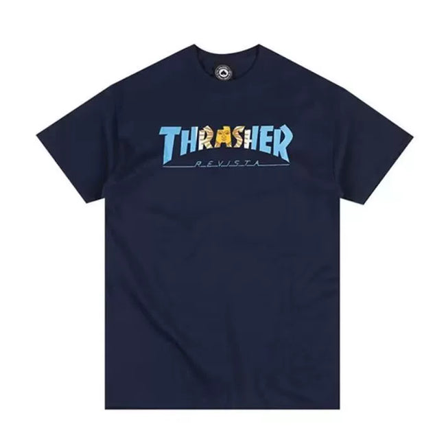 Thrasher Ice-Blue Flame Logo Dark Navy Minimalist Street-Style T-Shirt Hover Image