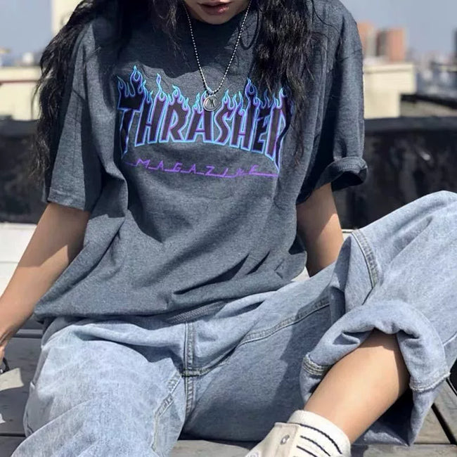 Thrasher Blue‑Purple Gradient Flame Logo Dark Grey Oversized Unisex Street‑wear T‑Shirt Hover Image
