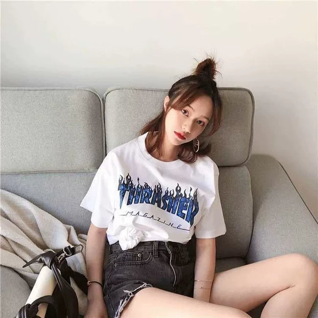 Thrasher Blue Flame Logo White Oversized Women‑Friendly Street‑wear T‑Shirt Hover Image