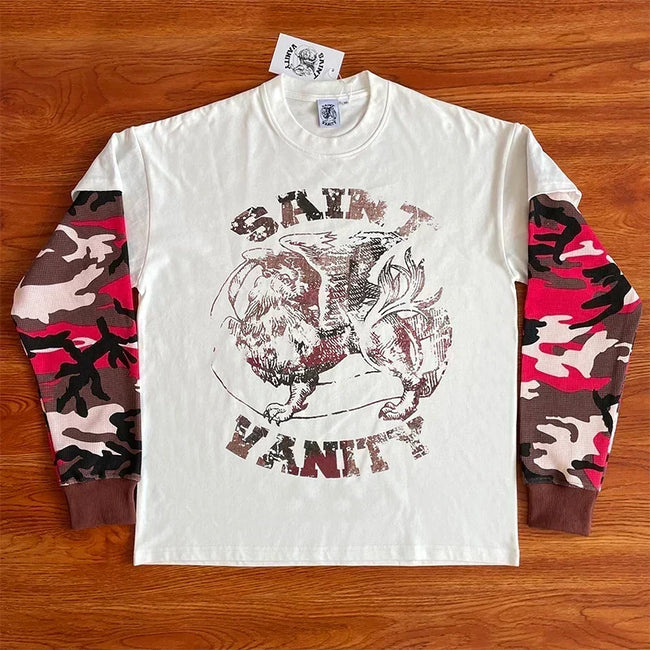 SAINT VANITY Camouflage Spliced Sleeve Fake Two piece Long sleeved T-shirt European and American Trendy Hover Image