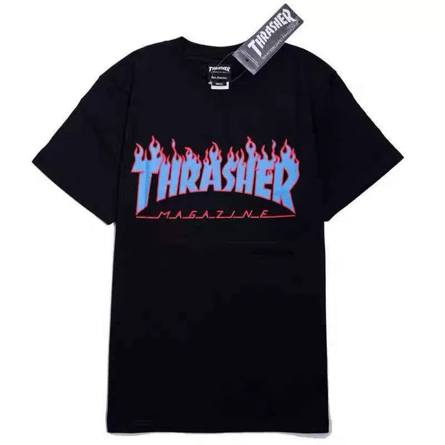 Thrasher Blue-Purple Gradient Flame Logo Black Unisex T-Shirt with Hang Tag Hover Image