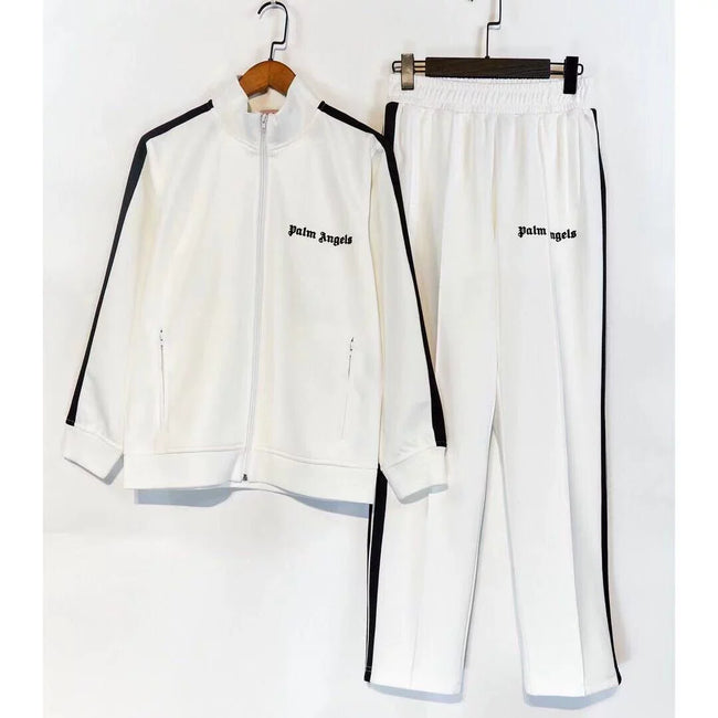 Palm Angels White Side Stripe Track Suit 2Pcs Zip Up Jacket + Straight Sweatpants Unisex Outfit Hover Image