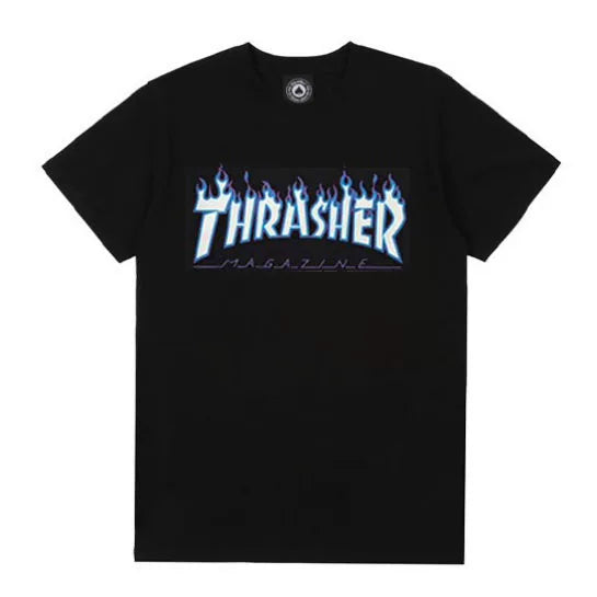 Thrasher Ice-Blue Electric Flame Logo Black Bold Unisex Skate T-Shirt Hover Image