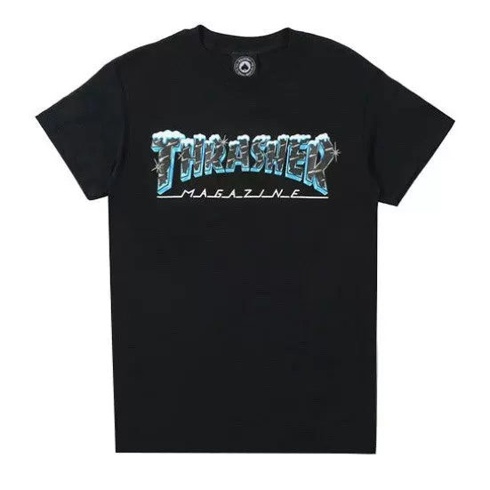 Thrasher Icy‑Blue Frosted Flame Logo Black Unisex Skate T‑Shirt Hover Image