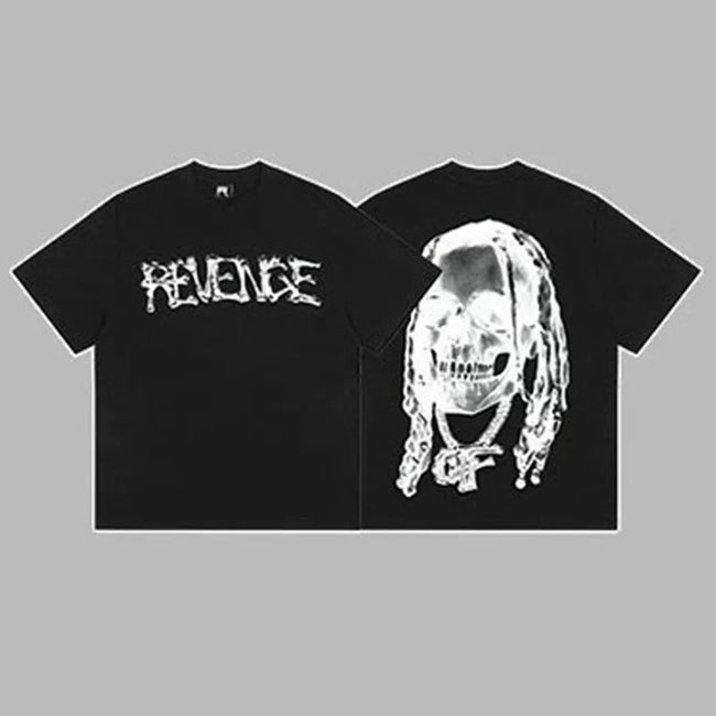 Revenge White Arch Logo & Dreadlocks Skull Graphic Short Sleeve T-Shirt Black Hover Image