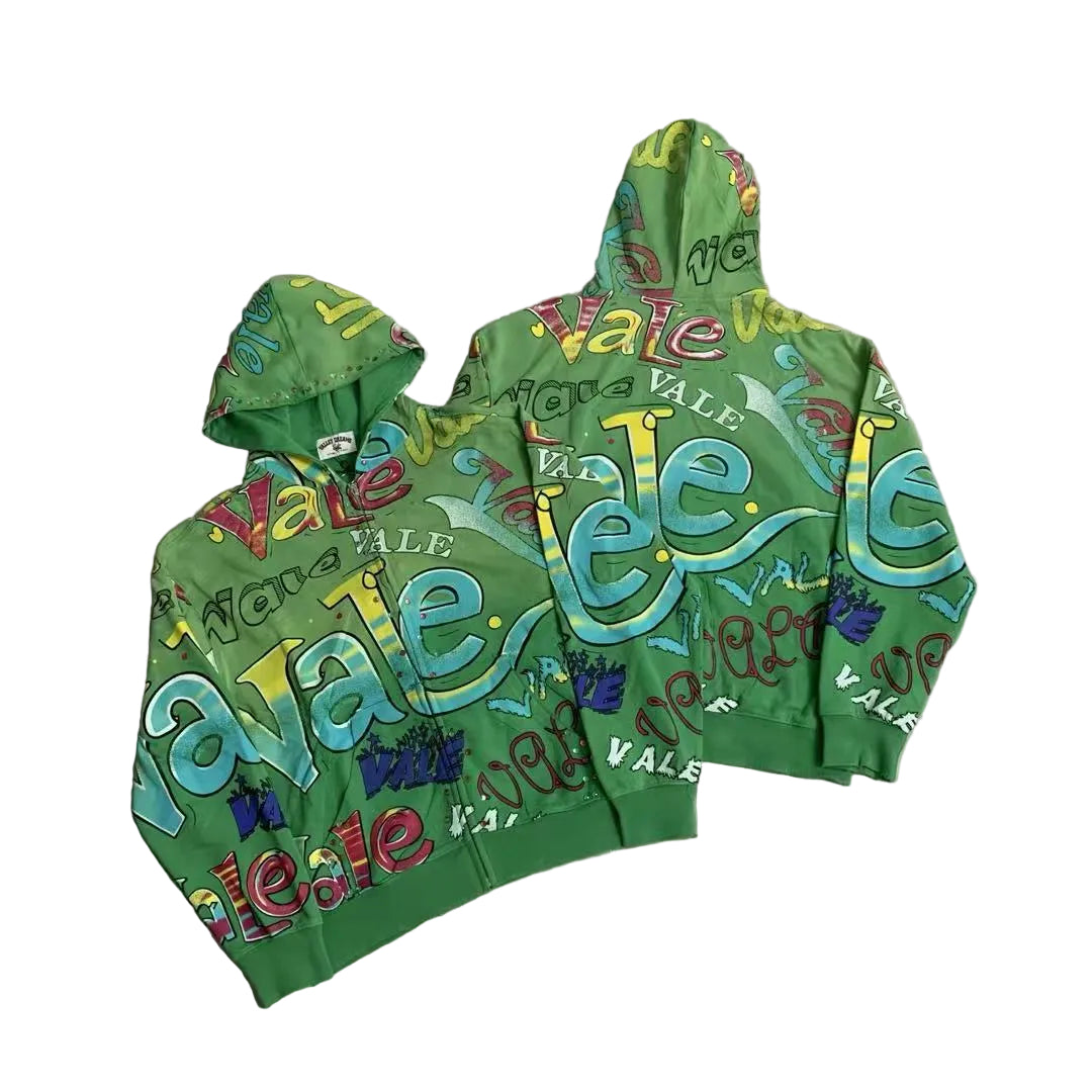 Vale Forever All-Over Vale Graffiti Print Vintage Wash Full-Zip Hoodie green