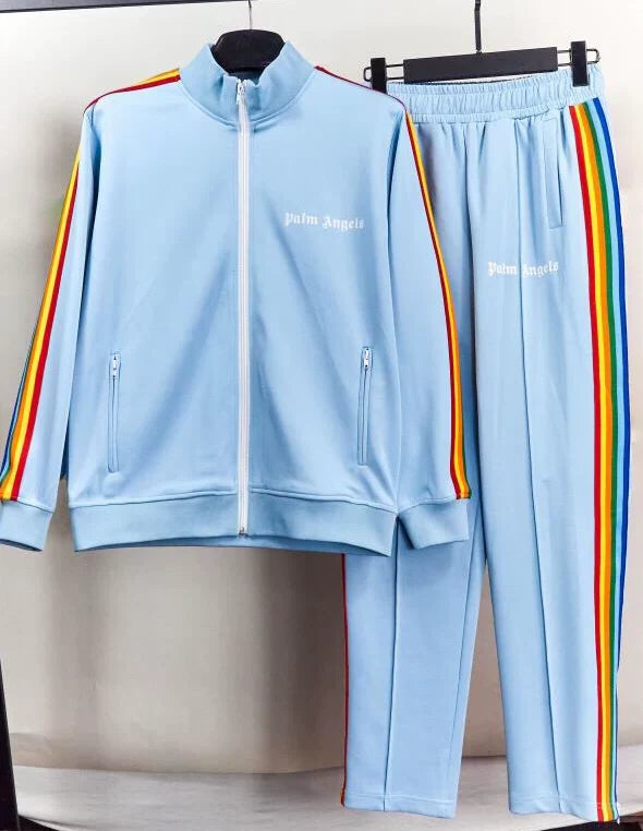 Palm Angels Light Blue Rainbow Stripe Tracksuit 2Pcs Zip Jacket + Straight Sweatpants Unisex Street Outfit Hover Image