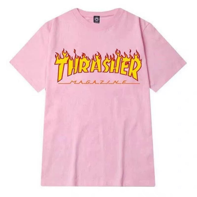 Thrasher Bright Yellow Flame Logo Soft Light‑Pink Summer Casual Street‑wear T‑Shirt Hover Image