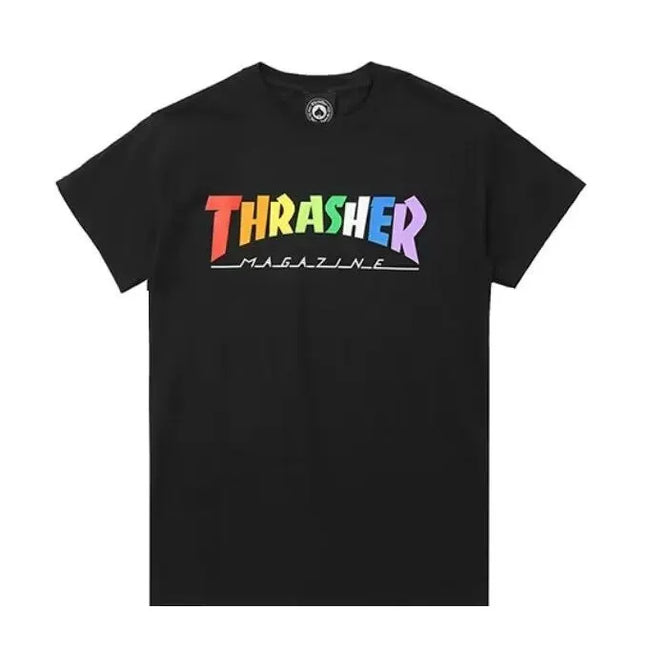 Thrasher Rainbow Multicolor Letter Logo Black Unisex Casual Graphic T‑Shirt Hover Image
