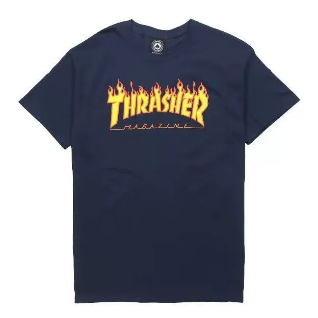 Thrasher Signature Fire Logo Navy Blue Unisex Casual Skate T-Shirt Hover Image