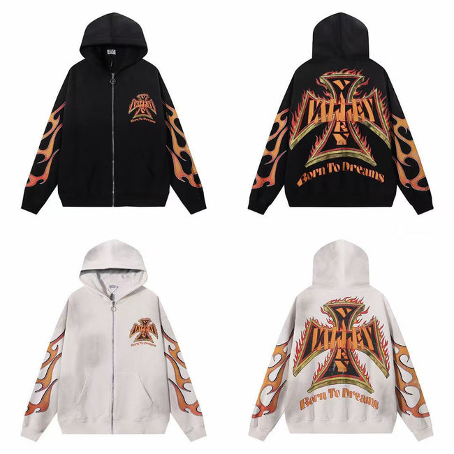 Vale Forever Valley Flames & Maltese Cross Graphic Vintage Wash Full-Zip Hoodie Hover Image