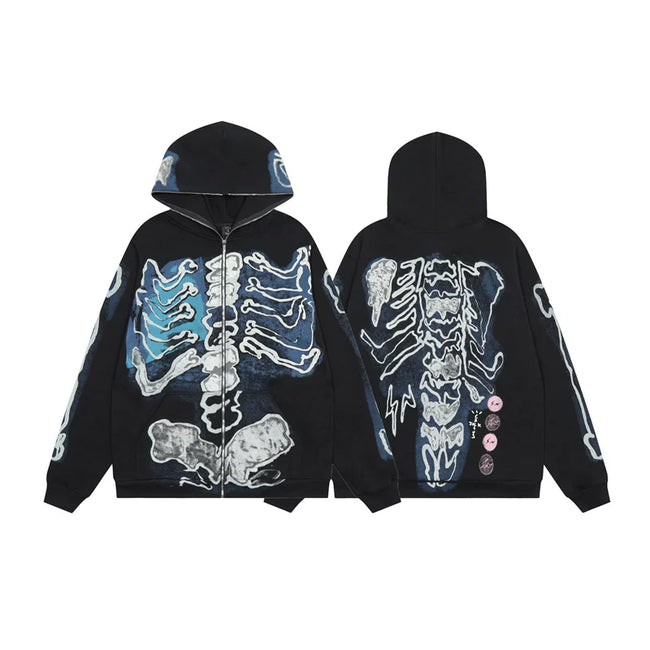 Streetwear Graphic Skeleton Full-Zip Hoodie - Black/Blue Hover Image