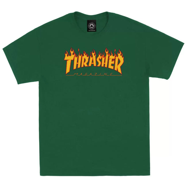 Thrasher Classic Yellow‑Orange Flame Logo Green Unisex Hip‑Hop Street‑wear T‑Shirt Hover Image