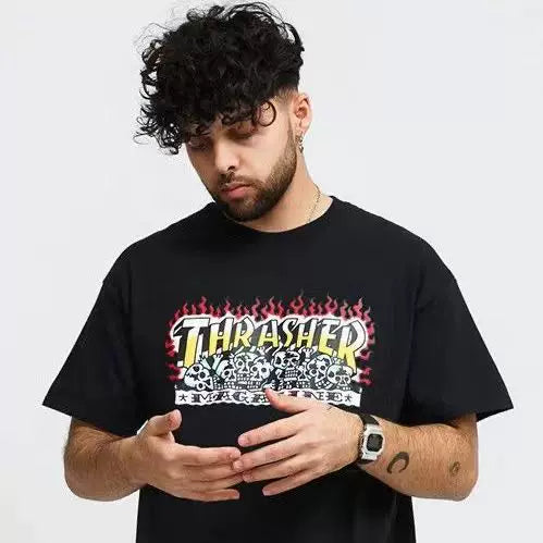 Thrasher Red Flame Leopard-Print Graphic Black Unisex Bold Street-Style T-Shirt