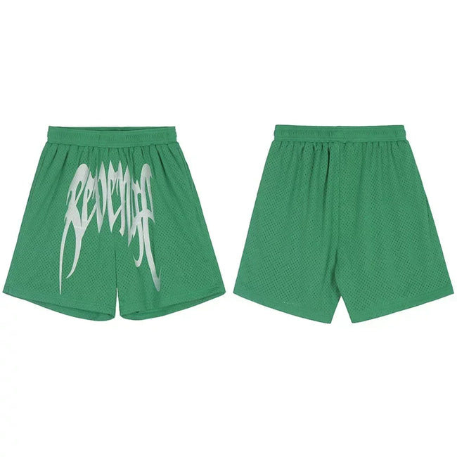 Revenge Gothic Logo Mesh Athletic Shorts - Green Hover Image