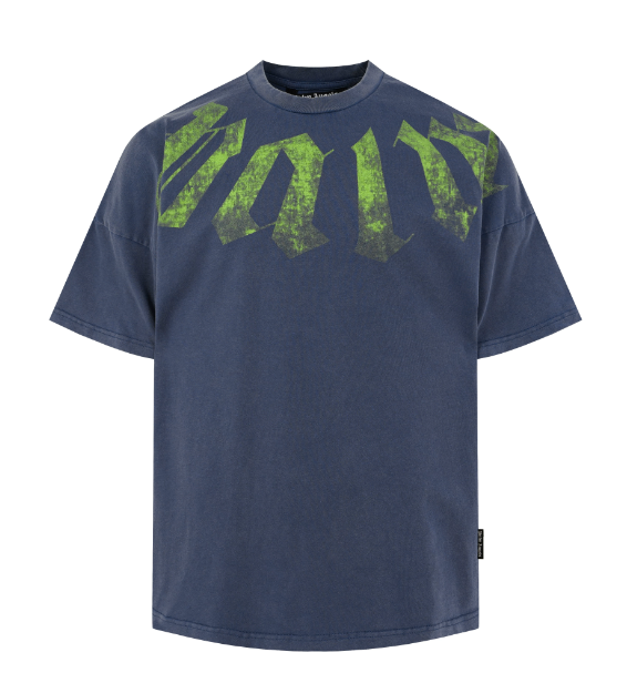 Palm Angels Navy Washed Green Gothic Print Tee Hover Image