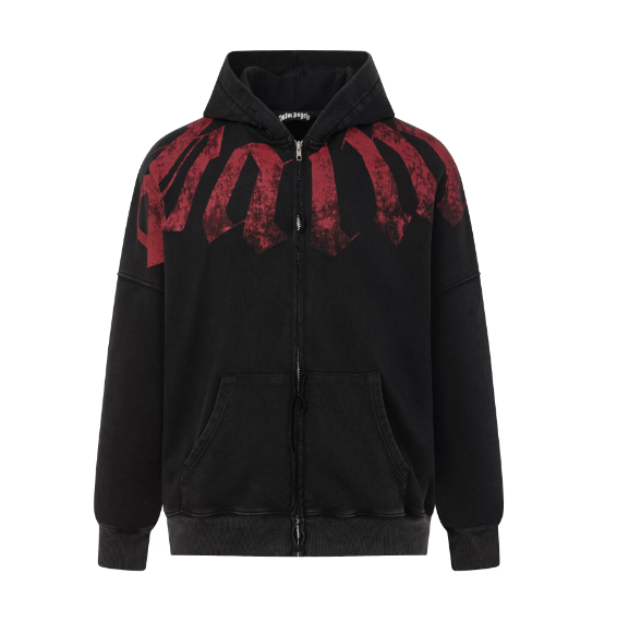 Palm Angels Black Zip Up Hoodie with Red Gothic Print Hover Image