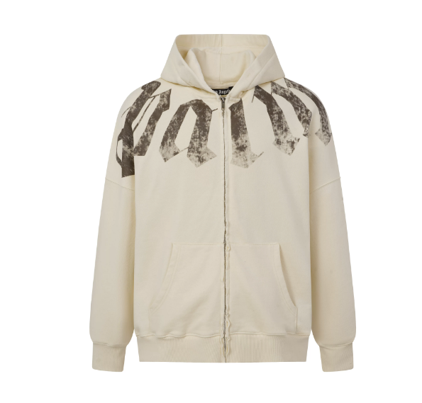 Palm Angels Cream Zip Up Hoodie with Faded Gothic Print Hover Image