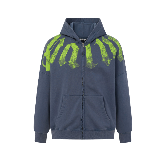Palm Angels Slate Blue Zip Up Hoodie with Neon Green Gothic Print Hover Image