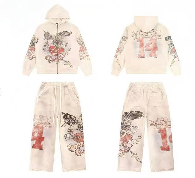 Vale Forever Vintage Eagle & Heart "14" Zip-Up Hoodie & Sweatpants Set - Off White Hover Image