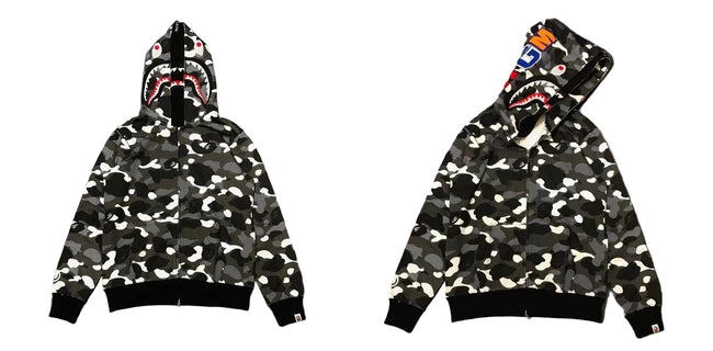 BAPE Shark Camo Full Zip Hoodie Black Grey Hover Image