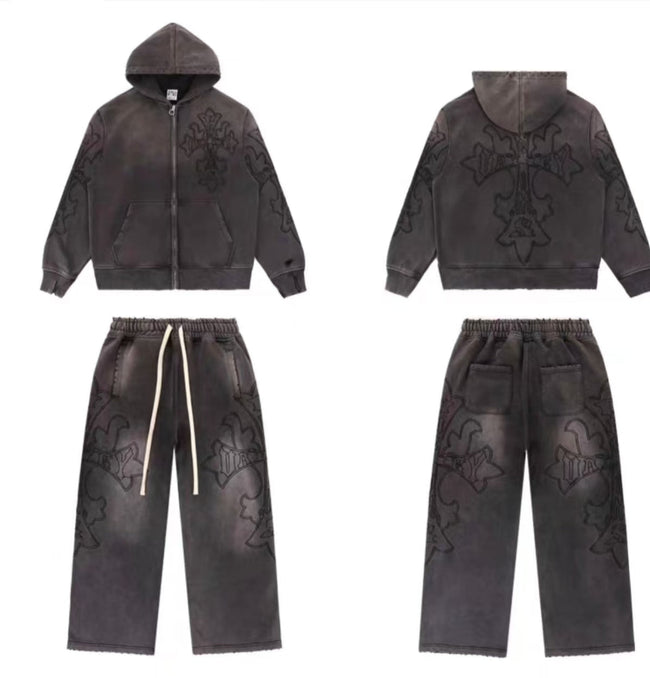 Vale Forever Vintage Gothic Cross Zip-Up Hoodie & Sweatpants Set - Charcoal / Washed Black Hover Image